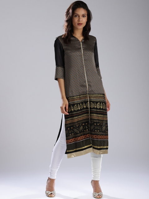 

W Women Black & Orange Printed Straight Kurta