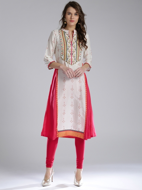 

W Women Off-White & Pink Printed A-Line Kurta
