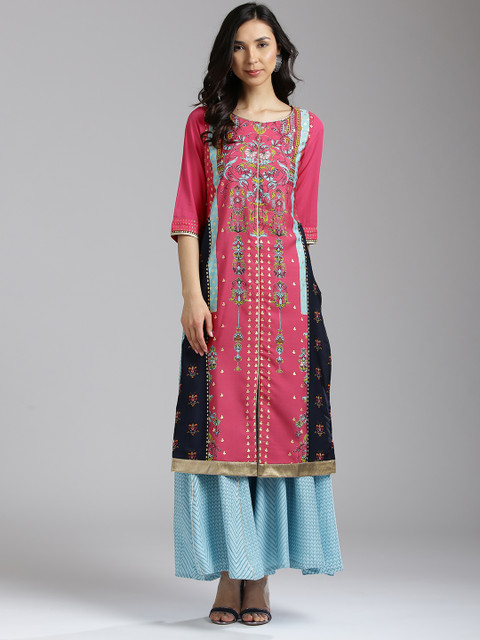 

W Women Magenta & Navy Blue Printed Straight Kurta