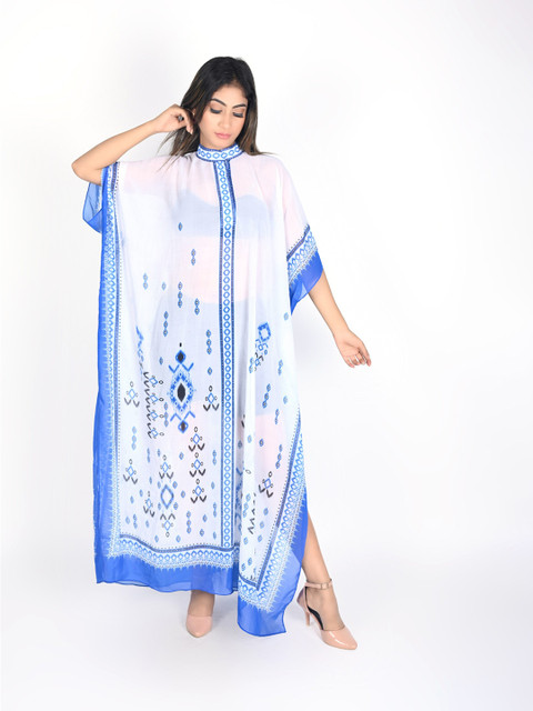 

Rajoria Instyle White & Blue Printed Georgette Maxi Dress