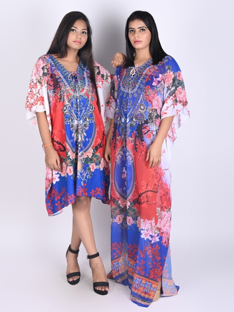 

Rajoria Instyle White Floral Tie-Up Neck Georgette Ethnic Kaftan Dress
