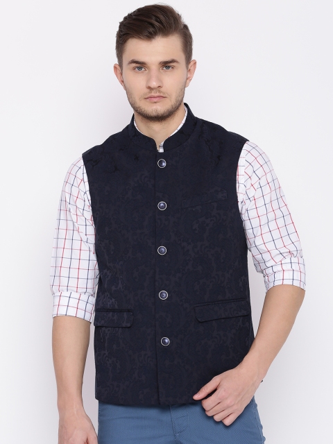 

Raymond Men Blue Patterned Contemporary Fit Nehru Jacket, Navy blue