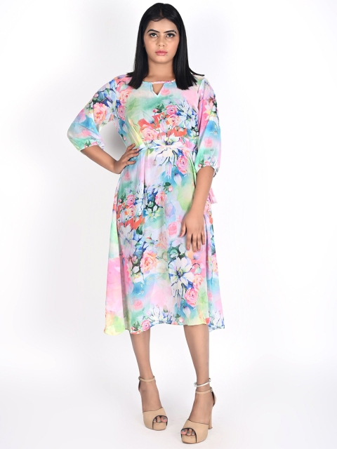

Rajoria Instyle Women Blue & Pink Floral Keyhole Neck Georgette Midi Dress
