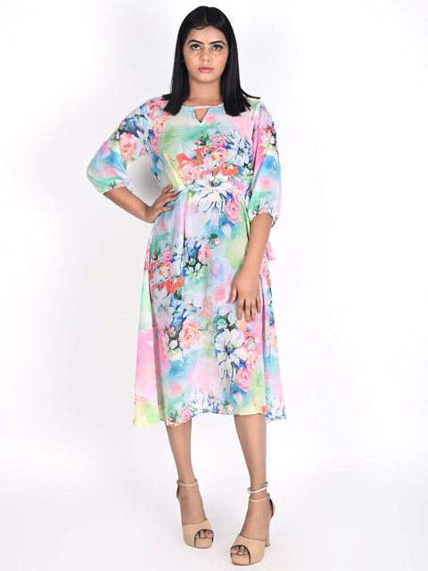 

Rajoria Instyle Women Blue & Coral Floral Georgette Midi Dress
