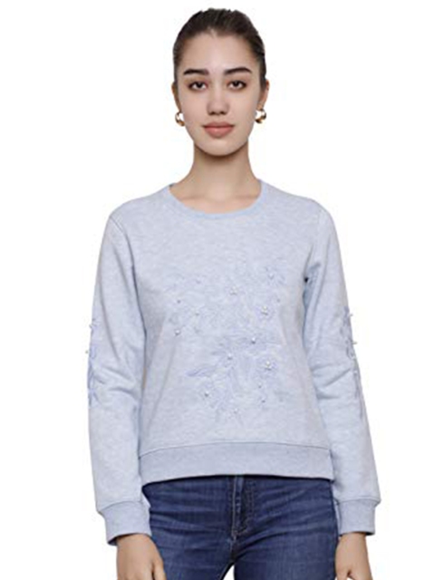 

DECHEN Women Blue Embroidered Fleece Sweatshirt