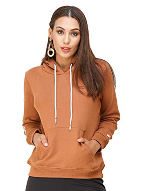 

DECHEN Women Brown Hooded Fleece Sweatshirt