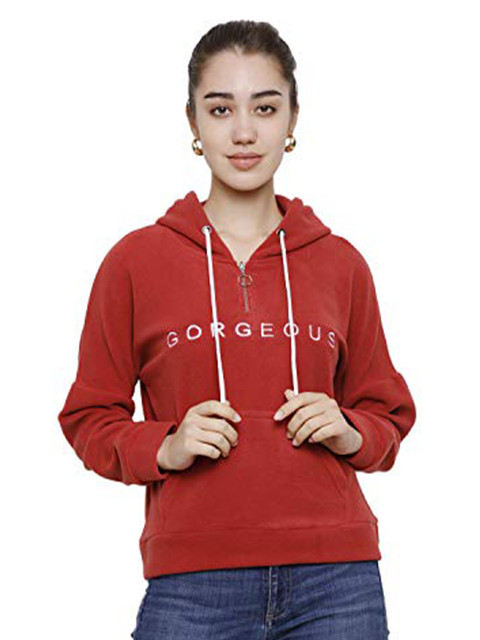 

DECHEN Women Red Hooded Fleece Sweatshirt