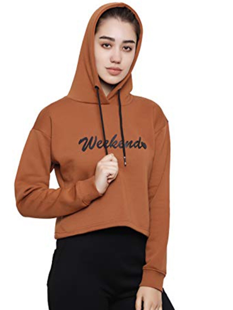 

DECHEN Women Brown Hooded Fleece Sweatshirt