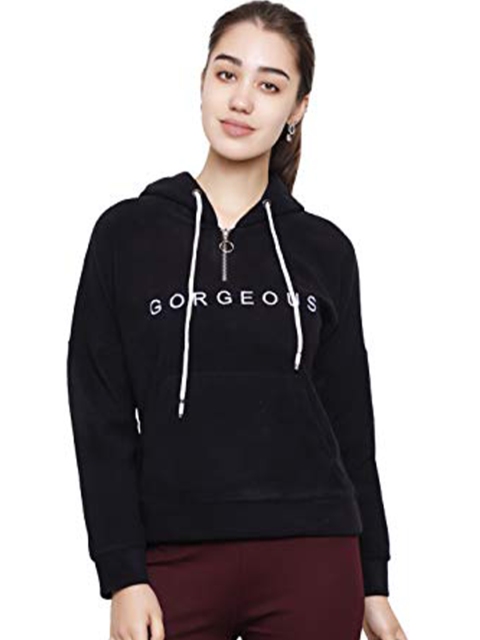

DECHEN Women Black Hooded Fleece Sweatshirt