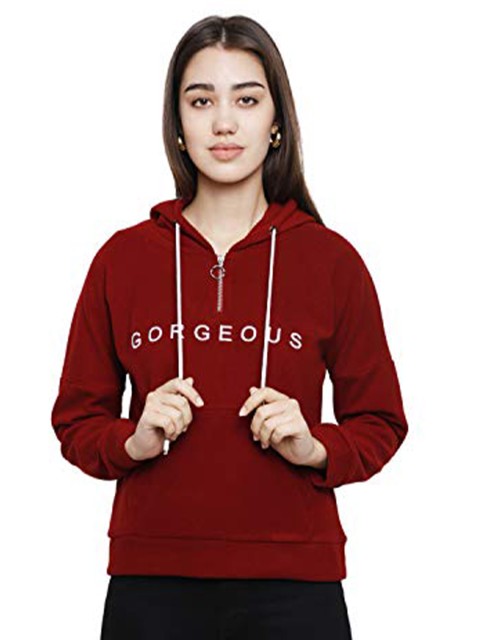 

DECHEN Women Maroon Hooded Fleece Sweatshirt