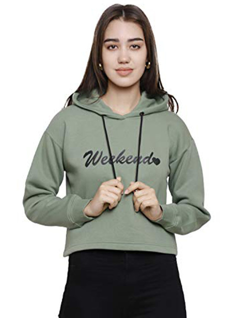 

DECHEN Women Green Hooded Fleece Sweatshirt