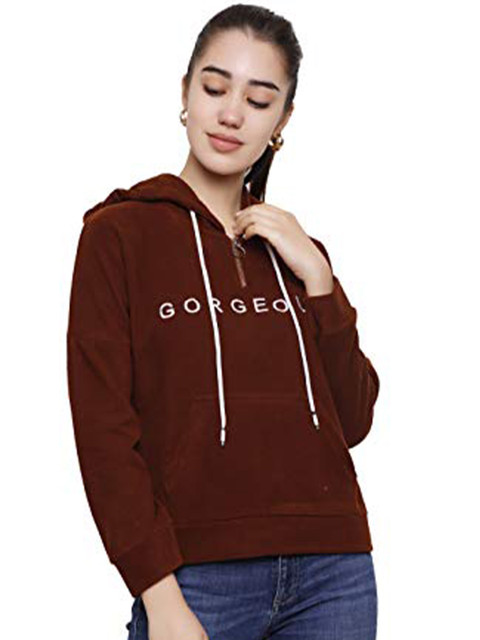 

DECHEN Women Brown Hooded Fleece Sweatshirt