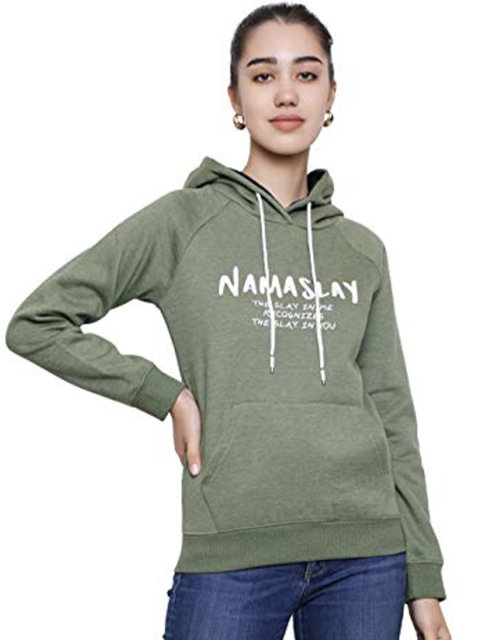 

DECHEN Women Green Hooded Fleece Sweatshirt