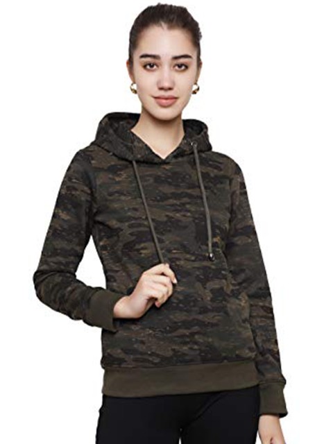 

DECHEN Women Olive Green Hooded Fleece Sweatshirt