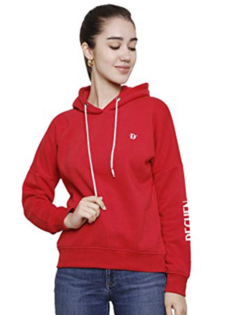 

DECHEN Women Red Hooded Fleece Sweatshirt