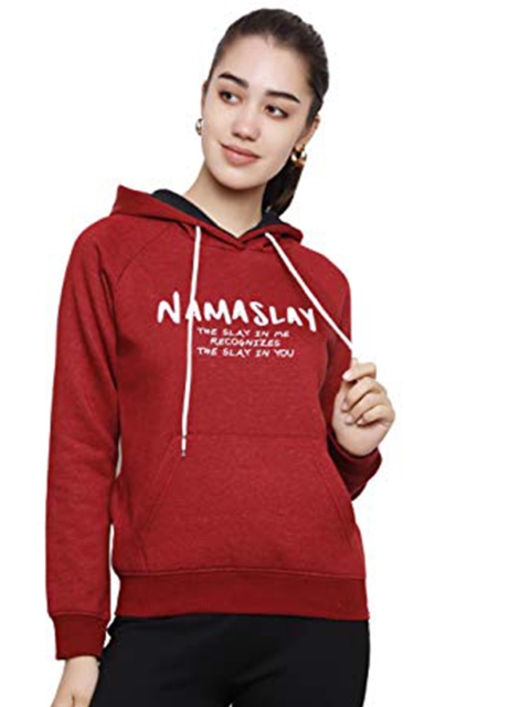 

DECHEN Women Red Printed Hooded Sweatshirt