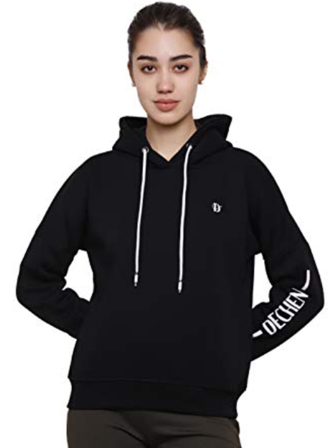 

DECHEN Women Black Printed Hooded Sweatshirt