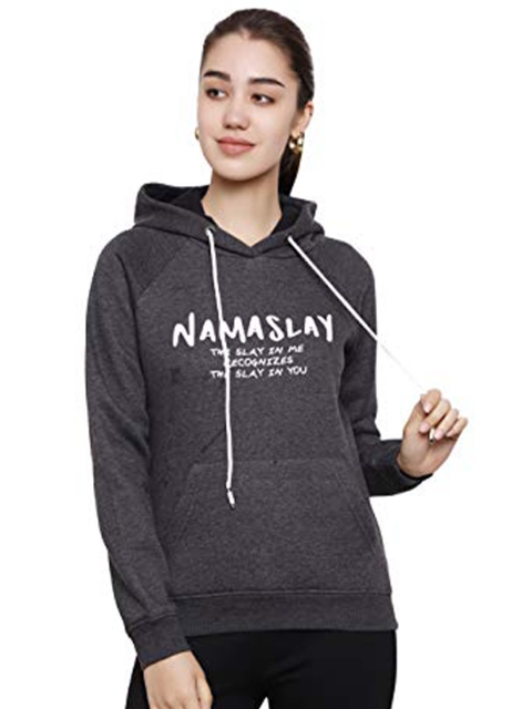 

DECHEN Women Grey Printed Hooded Sweatshirt