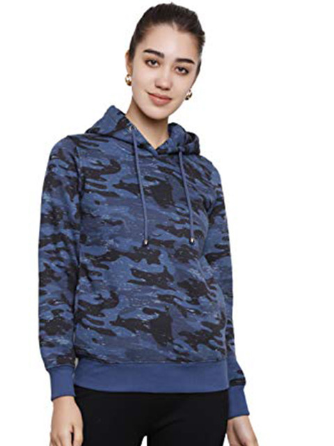 

DECHEN Women Navy Blue Printed Hooded Sweatshirt