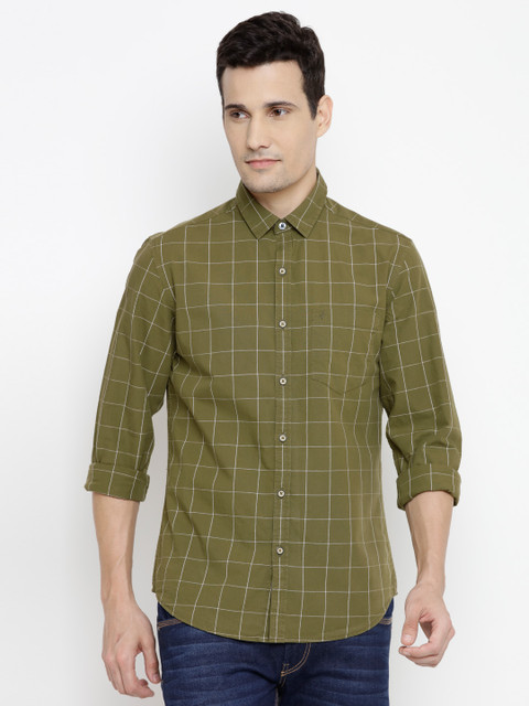

John Players Men Olive Green Trim Fit Checked Casual Shirt