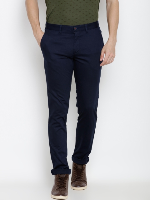 

John Players Men Navy Slim Fit Solid Casual Trousers, Navy blue