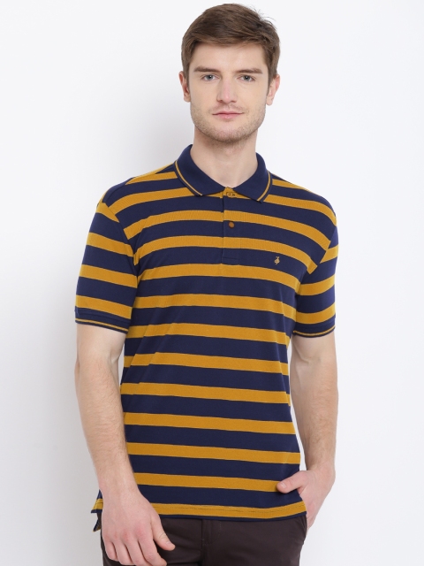 

John Players Men Mustard Yellow & Navy Striped Polo Collar T-shirt