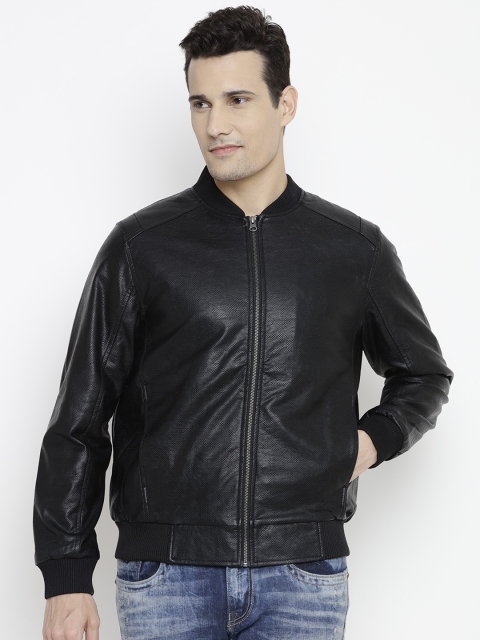 

John Players Men Black Self Design Biker Jacket