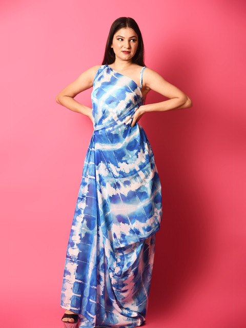 

Rajoria Instyle Women Blue & White Tie and Dye Dyed One Shoulder Georgette Maxi Maxi Dress