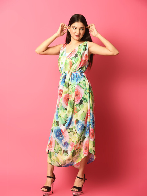 

Rajoria Instyle Women Green & Blue Floral Georgette Midi Dress