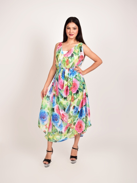 

Rajoria Instyle Women Green & Blue Floral Georgette Midi Dress