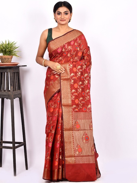 

AllSilks Maroon & Gold-Toned Woven Design Zari Kora Silk Cotton Saree