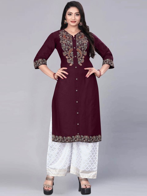 

KALINI Women Burgundy Ethnic Motifs Embroidered Kurta with Palazzos
