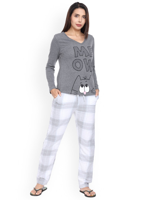 

SHARKTRIBE Women Grey & White Printed Night suit