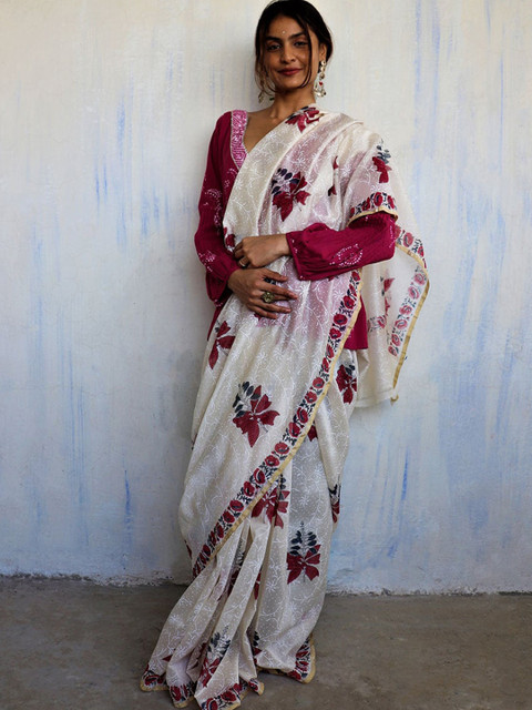 

Chidiyaa Women White & Pink Floral Pure Silk Chanderi Saree