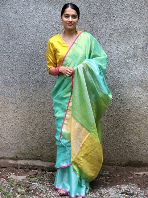 

Chidiyaa Sea Green & Blue Colourblocked Pure Cotton Saree