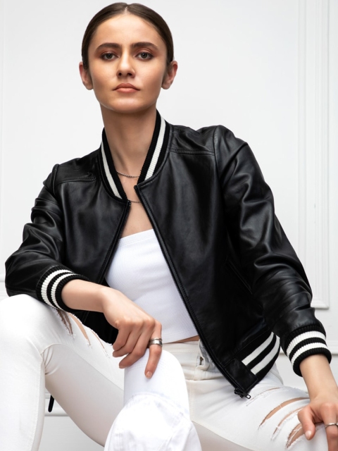 

Justanned Women Black & White Leather Lightweight Crop Bomber Jacket