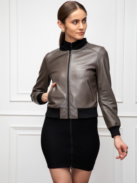 

Justanned Women Grey Black Leather Lightweight Crop Bomber Jacket