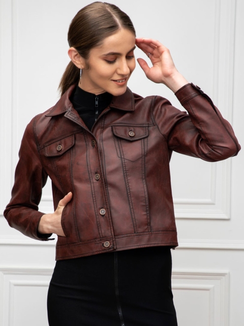 

Justanned Women Burgundy Lightweight Crop Bomber Jacket