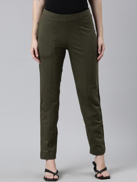 

Go Colors Women Olive Green Cotton Straight Fit Trousers