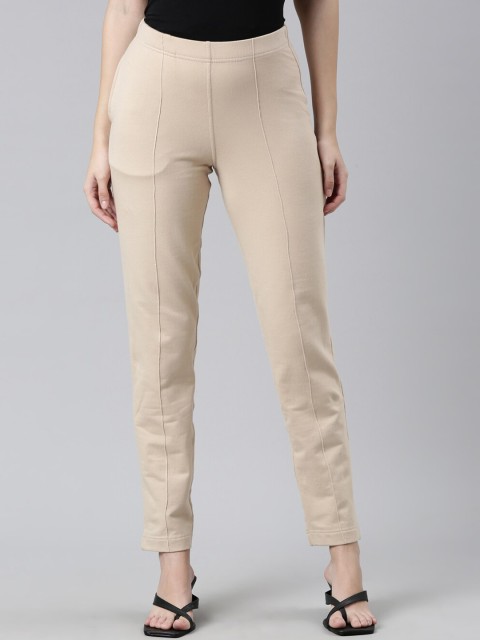 

Go Colors Women Beige Cotton Straight Fit Trousers