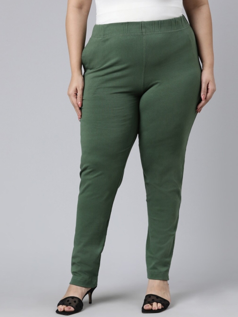 

Go Colors Women Plus Size Green Cotton Loose Fit Trousers