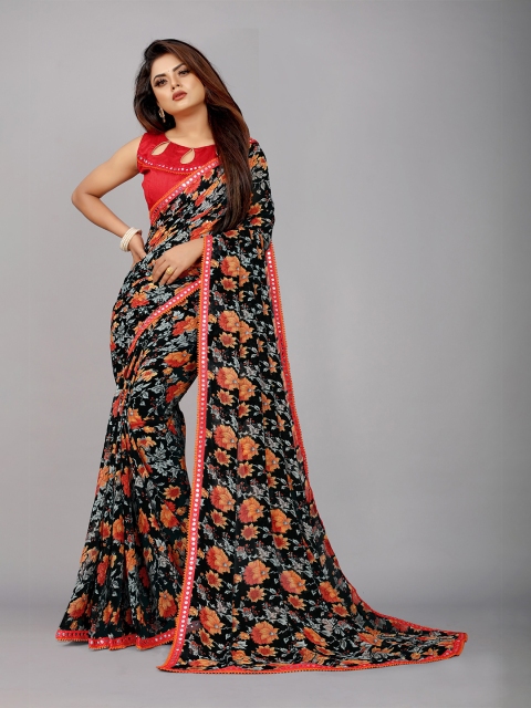 

B4ME COM Black & Orange Floral Pure Georgette Jamdani Saree