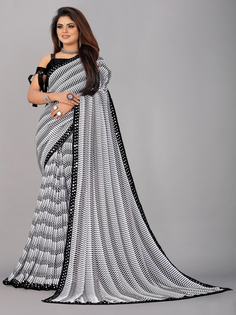 

B4ME COM White & Black Striped Pure Georgette Leheriya Saree