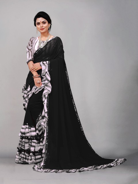 

B4ME COM Black & White Tie and Dye Sequinned Pure Georgette Leheriya Saree