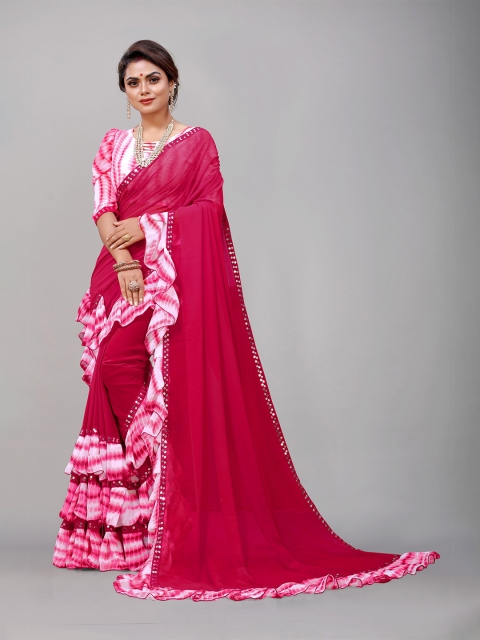 

B4ME COM Pink & White Tie and Dye Pure Georgette Leheriya Saree