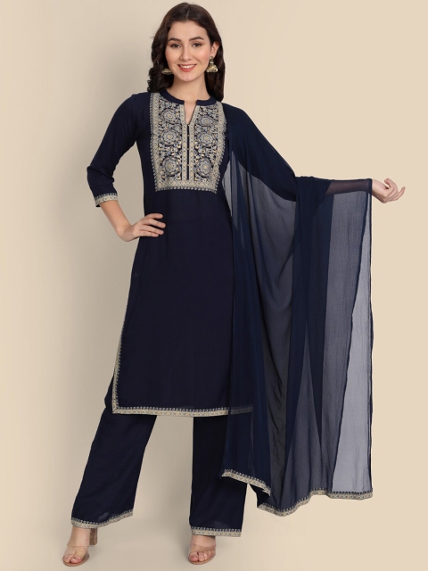 

Wyfees Women Blue Ethnic Motifs Printed Kurta with Palazzos & Dupatta
