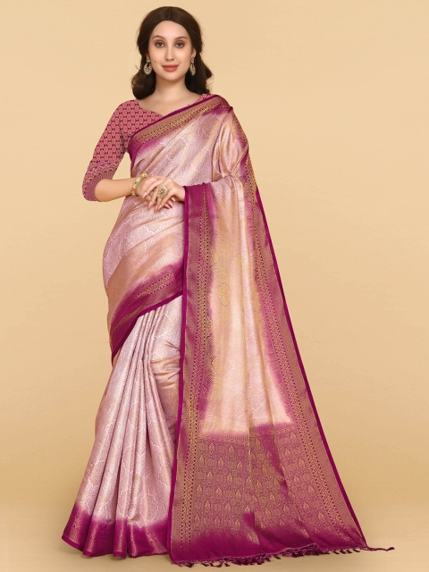 

ZIKARAA Pink & Gold-Toned Woven Design Pure Silk Banarasi Saree