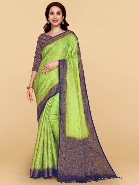 

ZIKARAA Olive Green & Blue Woven Design Pure Silk Banarasi Saree