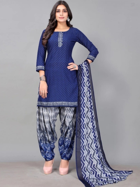 

INDIAN HERITAGE Navy Blue & White Printed Unstitched Dress Material
