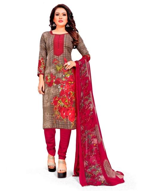 

INDIAN HERITAGE Brown & Red Printed Unstitched Dress Material